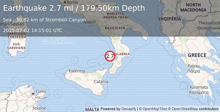 Earthquake SICILY, ITALY (2.7 ml) (2025-07-02 14:15:01 UTC)