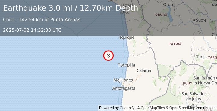 Earthquake OFF COAST OF ANTOFAGASTA, CHILE (3.0 ml) (2025-07-02 14:32:03 UTC)