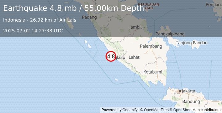 Earthquake SOUTHERN SUMATRA, INDONESIA (4.8 mb) (2025-07-02 14:27:38 UTC)