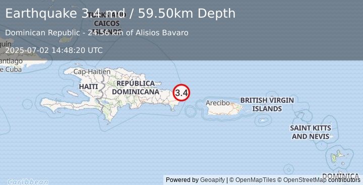 Earthquake DOMINICAN REPUBLIC REGION (3.4 md) (2025-07-02 14:48:20 UTC)