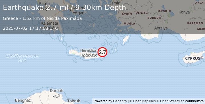 Earthquake CRETE, GREECE (2.7 ml) (2025-07-02 17:17:08 UTC)