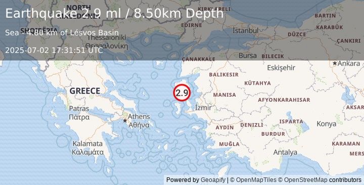 Earthquake NEAR THE COAST OF WESTERN TURKEY (2.7 ml) (2025-07-02 17:31:52 UTC)