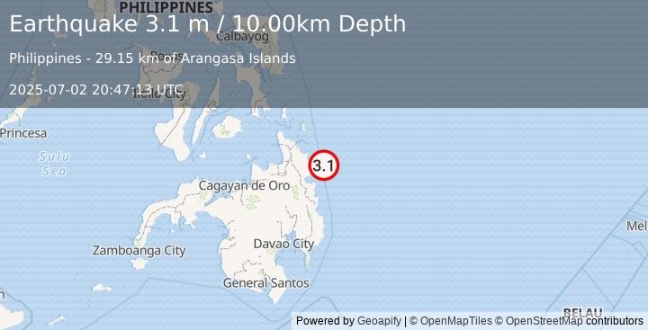 Earthquake MINDANAO, PHILIPPINES (3.1 m) (2025-07-02 20:47:13 UTC)