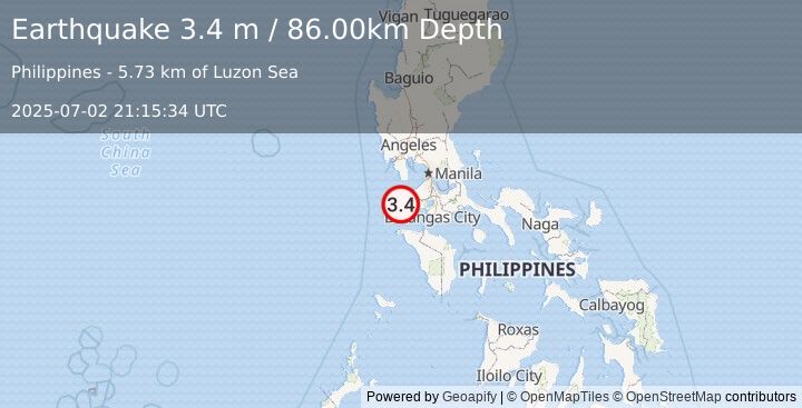 Earthquake LUZON, PHILIPPINES (3.4 m) (2025-07-02 21:15:34 UTC)