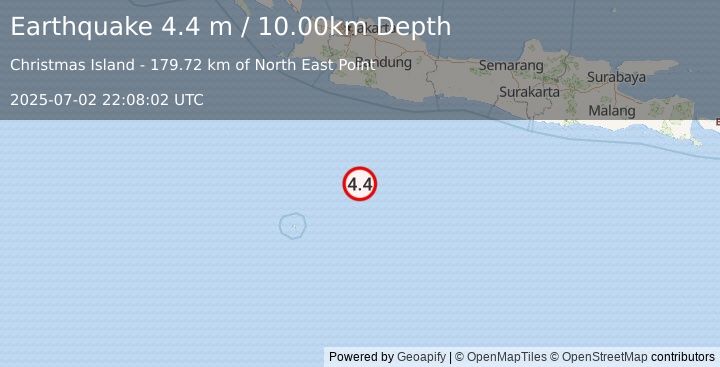 Earthquake SOUTH OF JAVA, INDONESIA (4.4 m) (2025-07-02 22:08:02 UTC)