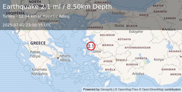 Earthquake NEAR THE COAST OF WESTERN TURKEY (2.1 ml) (2025-07-02 23:00:35 UTC)