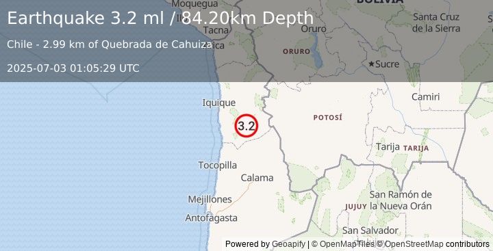 Earthquake TARAPACA, CHILE (3.2 ml) (2025-07-03 01:05:29 UTC)