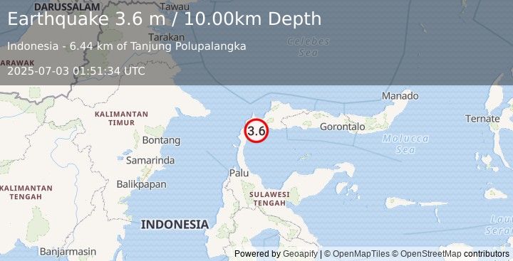 Earthquake MINAHASA, SULAWESI, INDONESIA (3.6 m) (2025-07-03 01:51:34 UTC)