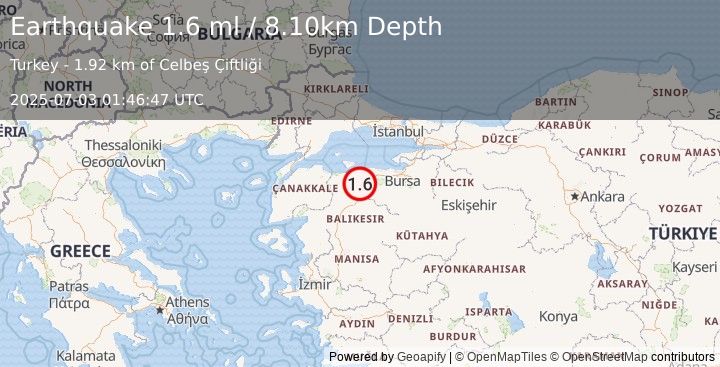 Earthquake WESTERN TURKEY (1.6 ml) (2025-07-03 01:46:47 UTC)