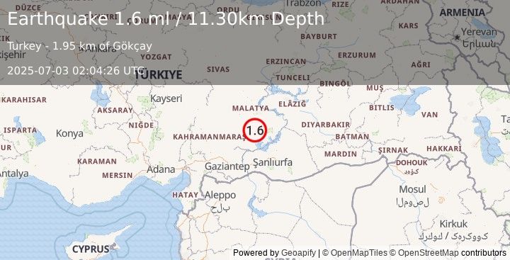 Earthquake EASTERN TURKEY (1.6 ml) (2025-07-03 02:04:26 UTC)