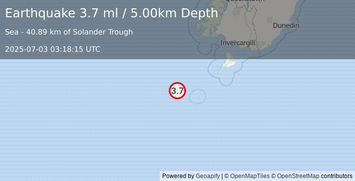 Earthquake OFF W. COAST OF S. ISLAND, N.Z. (3.7 ml) (2025-07-03 03:18:15 UTC)