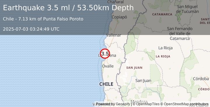 Earthquake OFFSHORE COQUIMBO, CHILE (3.5 ml) (2025-07-03 03:24:49 UTC)