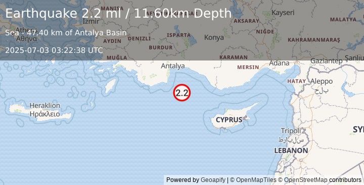 Earthquake WESTERN TURKEY (1.8 ml) (2025-07-03 03:22:21 UTC)