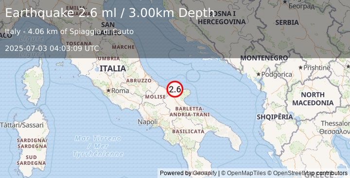 Earthquake SOUTHERN ITALY (2.6 ml) (2025-07-03 04:03:09 UTC)