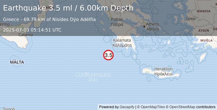 Earthquake SOUTHERN GREECE (3.4 ml) (2025-07-03 05:14:56 UTC)