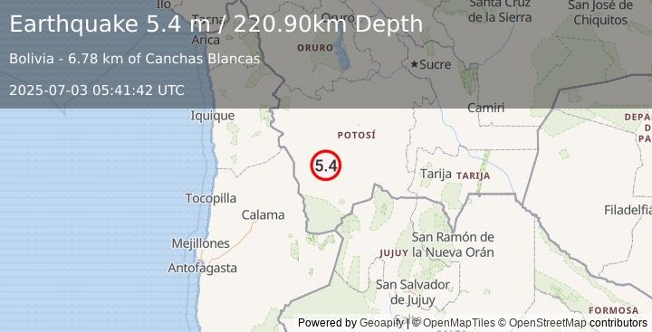 Earthquake POTOSI, BOLIVIA (5.4 m) (2025-07-03 05:41:42 UTC)