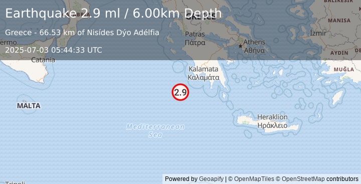 Earthquake SOUTHERN GREECE (2.8 ml) (2025-07-03 05:44:37 UTC)