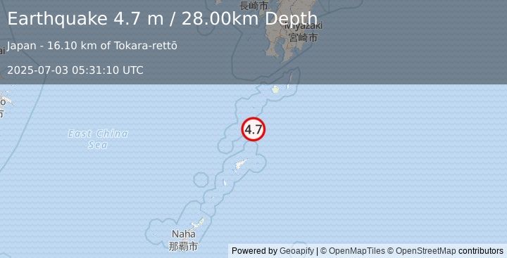 Earthquake RYUKYU ISLANDS, JAPAN (4.8 mb) (2025-07-03 05:31:09 UTC)