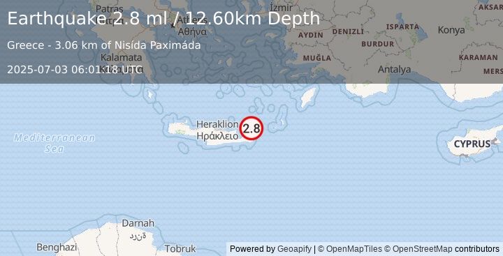 Earthquake CRETE, GREECE (2.8 ml) (2025-07-03 06:01:19 UTC)