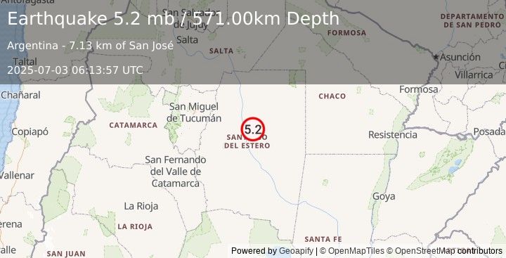 Earthquake SANTIAGO DEL ESTERO, ARGENTINA (4.9 mb) (2025-07-03 06:13:58 UTC)