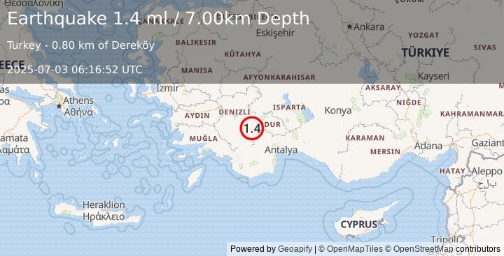 Earthquake WESTERN TURKEY (1.4 ml) (2025-07-03 06:16:52 UTC)