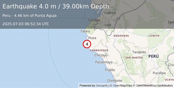 Earthquake NEAR COAST OF NORTHERN PERU (4.0 m) (2025-07-03 06:52:34 UTC)