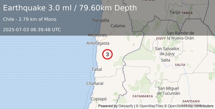 Earthquake ANTOFAGASTA, CHILE (3.0 ml) (2025-07-03 06:39:48 UTC)