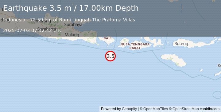 Earthquake SOUTH OF BALI, INDONESIA (3.5 m) (2025-07-03 07:12:42 UTC)