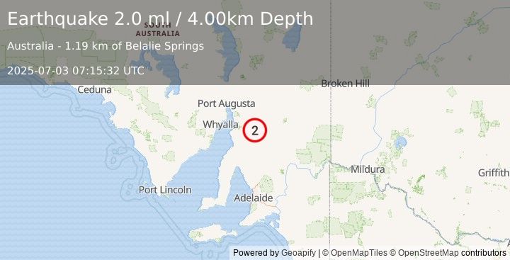 Earthquake NEAR COAST OF SOUTH AUSTRALIA (2.0 ml) (2025-07-03 07:15:32 UTC)
