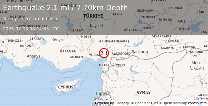 Earthquake CENTRAL TURKEY (2.1 ml) (2025-07-03 08:14:53 UTC)