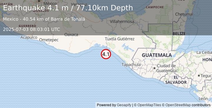 Earthquake OFFSHORE CHIAPAS, MEXICO (4.1 m) (2025-07-03 08:03:01 UTC)
