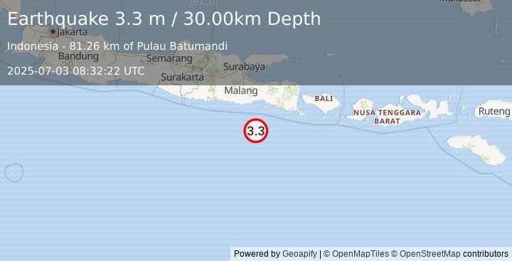 Earthquake SOUTH OF JAVA, INDONESIA (3.3 m) (2025-07-03 08:32:22 UTC)