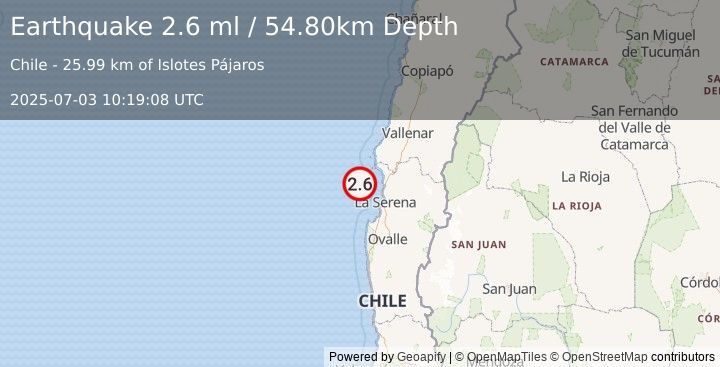 Earthquake OFFSHORE COQUIMBO, CHILE (2.6 ml) (2025-07-03 10:19:08 UTC)