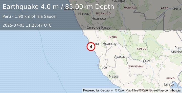 Earthquake NEAR COAST OF CENTRAL PERU (4.0 m) (2025-07-03 11:28:47 UTC)