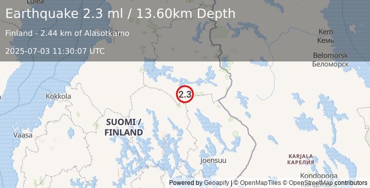 Earthquake FINLAND (2.3 ml) (2025-07-03 11:30:07 UTC)