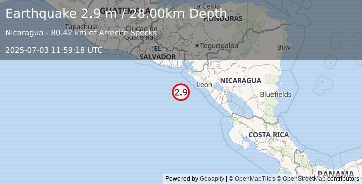 Earthquake NEAR COAST OF NICARAGUA (2.9 m) (2025-07-03 11:59:18 UTC)