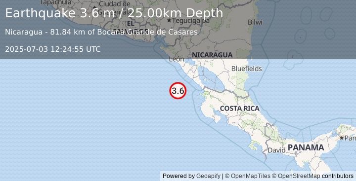 Earthquake NEAR COAST OF NICARAGUA (3.6 m) (2025-07-03 12:24:55 UTC)