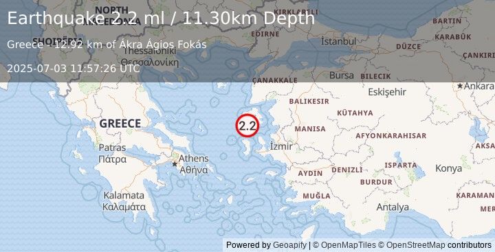 Earthquake NEAR THE COAST OF WESTERN TURKEY (2.2 ml) (2025-07-03 11:57:26 UTC)