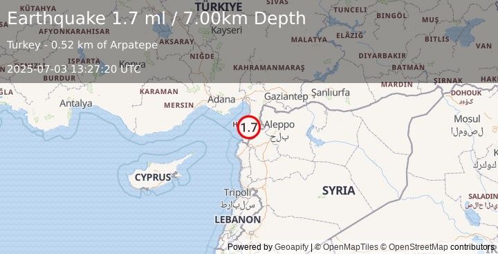 Earthquake TURKEY-SYRIA BORDER REGION (1.7 ml) (2025-07-03 13:27:20 UTC)