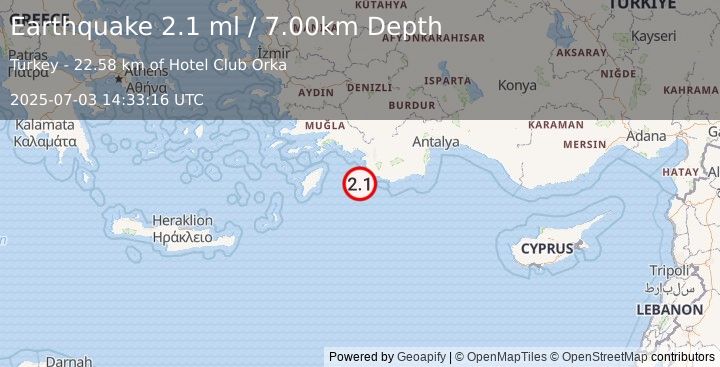 Earthquake WESTERN TURKEY (2.1 ml) (2025-07-03 14:33:16 UTC)