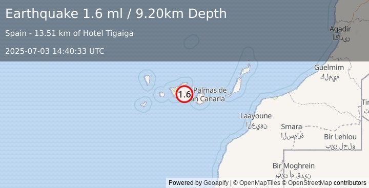 Earthquake CANARY ISLANDS, SPAIN REGION (1.6 ml) (2025-07-03 14:40:33 UTC)