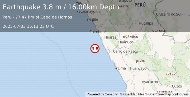 Earthquake NEAR COAST OF CENTRAL PERU (3.8 m) (2025-07-03 15:13:23 UTC)