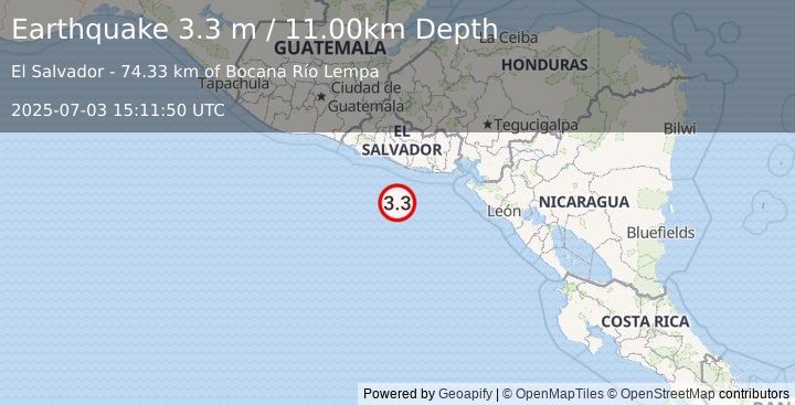 Earthquake OFFSHORE EL SALVADOR (3.3 m) (2025-07-03 15:11:50 UTC)