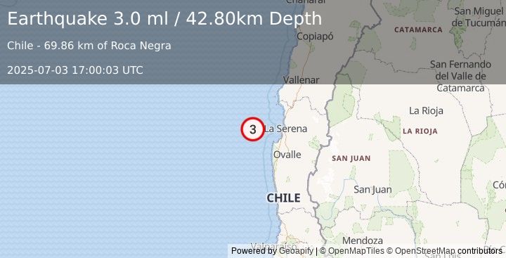 Earthquake OFFSHORE COQUIMBO, CHILE (3.0 ml) (2025-07-03 17:00:03 UTC)