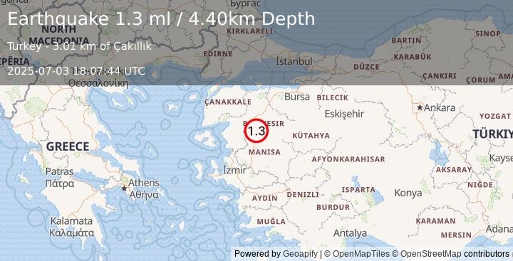Earthquake WESTERN TURKEY (1.3 ml) (2025-07-03 18:07:44 UTC)