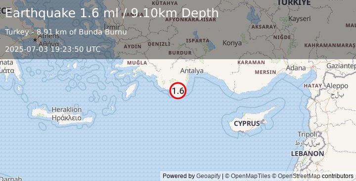 Earthquake WESTERN TURKEY (1.6 ml) (2025-07-03 19:23:50 UTC)