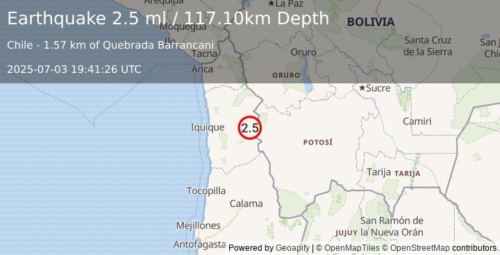 Earthquake TARAPACA, CHILE (2.5 ml) (2025-07-03 19:41:26 UTC)