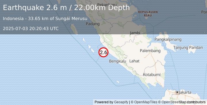 Earthquake SOUTHERN SUMATRA, INDONESIA (2.6 m) (2025-07-03 20:20:43 UTC)