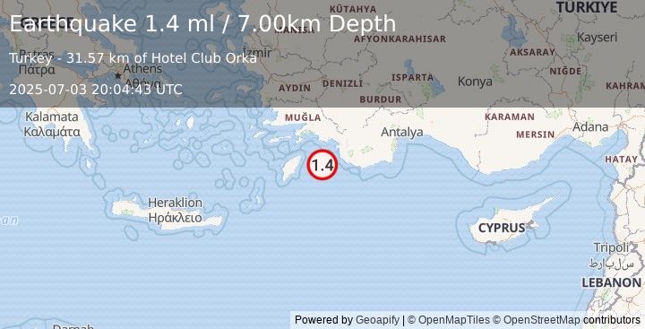 Earthquake DODECANESE IS.-TURKEY BORDER REG (1.4 ml) (2025-07-03 20:04:43 UTC)