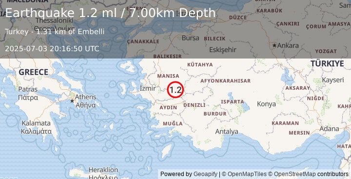 Earthquake WESTERN TURKEY (1.2 ml) (2025-07-03 20:16:50 UTC)